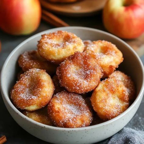 Cinnamon Sugar Apple Fritters Cinnamon Sugar Apples, Fried Dessert, Cake Frosting Recipe, Sugar Apples, Snack Craving, Fried Apples, Apple Fritters, Fresh Apples, Fall Baking