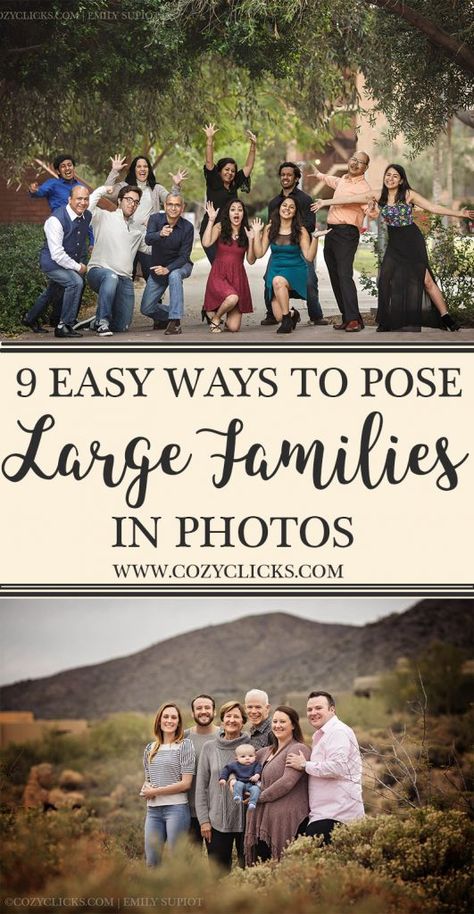 Are you a photographer nervous about posing a large family? Read these 9 simple ways you can pose large family group right here! Large Family Poses, Ways To Pose, Large Family Portraits, Family Photo Outfits Winter, Poses Family, Portrait Photography Tips, Family Portrait Poses, Large Families, Photography Poses Family