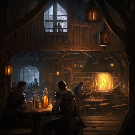 Tavern Fantasy Art Interior, Fantasy Pub Concept Art, Medieval Tavern Art, Underground Tavern, Dnd Tavern, Medieval Inn, Tavern Art, Taverna Medieval, Fantasy Inn