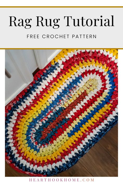 This rag rug crochet pattern is a great way to add a splash of color to your home decor. This pattern is made as an oval with a large hook. You could even use up old clothes or denim jeans! Crochet Oval Rug Pattern, Crochet Rag Rugs Free Patterns Easy, Crochet Rug With Tshirt Yarn Free Pattern, Diy Crochet Rug Rectangle, Oval Rag Rug Crochet Pattern Free, Crochet Rag Rugs Free Patterns, Crocheted Rugs Patterns Free Easy, Tshirt Yarn Rug, Crochet A Rug