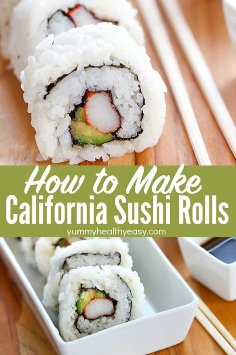 Who knew that making California Sushi Rolls at home was easy? Ditch the sushi restaurant and make your own California Rolls in the convenience of your own home! #sushirolls #sushirecipe #avocado #diysushirolls via @jennikolaus California Sushi Rolls, Sushi Rolls At Home, California Roll Recipes, California Roll Sushi, Sushi Recipes Homemade, California Rolls, Sushi Roll Recipes, Sushi At Home, Diy Sushi