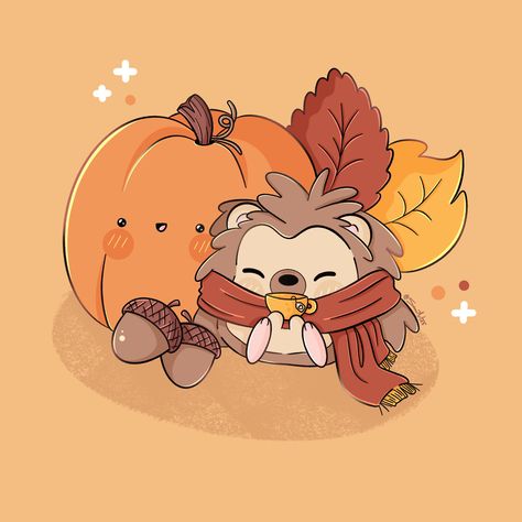 Kawaii, art, illustration, digital art, autumn, fall, season, cute, samiart23, hedgehog, pumpkin, warm color, autumnal Kawaii, Kawaii Thanksgiving Drawings, Cute Mushroom Clip Art, Cute Fall Characters, Fall Cute Illustration, Fall Cute Pictures, Fall Kawaii Art, Autumn Cute Drawing, Pumpkin Cartoon Aesthetic