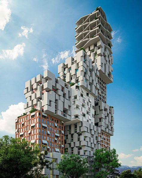 OODA plans 'hora vertikale' village with 13 stacked cubes in tirana Vancouver Architecture, Cubic Architecture, Cubes Architecture, Spring Architecture, Building Front Designs, Brain Storm, Tirana Albania, Residential Building Design, Building Front