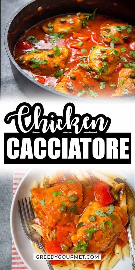 If you love Italian cuisine, you'll love this chicken cacciatore recipe. This easy dinner recipe is made of chicken thighs, red peppers, tomatoes, and capers. Your family will definitely love this delicious meal for dinner. #chicken #cacciatore #chickencacciatore #chickenrecipes #dinnerrecipes #easyrecipes #italianfood #italianrecipes #italiancuisine Chicken In Tomato Sauce, Easy Chicken Cacciatore, Cacciatore Recipes, Chicken Cacciatore Recipe, Italian Chicken Recipes, Chicken Cacciatore, Easy Dinner Recipe, Tomato Sauce Recipe, Chicken Dishes Recipes