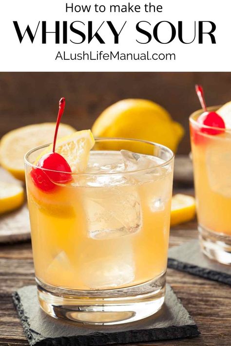 The Whisky Sour is a gem of a cocktail! A classic cocktail and the perfect way to enjoy whisky in those warm summer months. Whisky Sour Recipe, Brandy Sour, Amaretto Sour Cocktail, Whisky Cocktail Recipes, Crown Royal Drinks, Whiskey Sour Recipe, Peach Drinks, Whisky Sour, Whisky Drinks