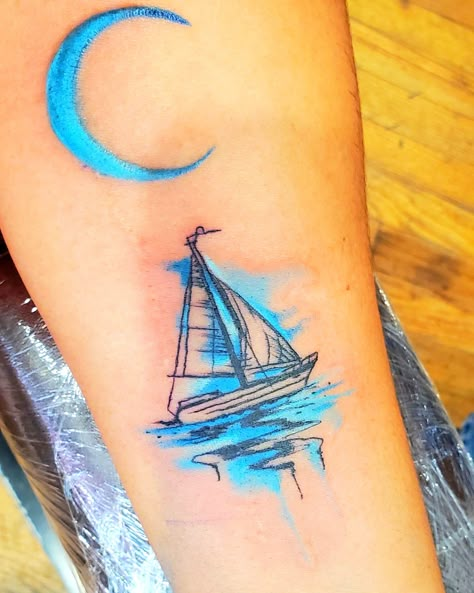 Moon Boat Tattoo, Seaglass Tattoo, Small Sailboat Tattoo, Small Ship Tattoo, Tattoo Sailboat, Sailboat Tattoo Simple, Sail Boat Tattoo, Aqua Tattoo, Boat Tattoos