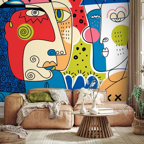 Modern Line Art Mural Abstract Wallpaper Hand Drawing Wallpaper Peel and Stick Wallpaper Home Decor - D585 Line Art Mural, Colorful Line Art, Mural Abstract, Modern Line Art, Thick Wallpaper, Wallpaper Home Decor, Commercial Wallpaper, Drawing Wallpaper, Wallpaper Peel And Stick