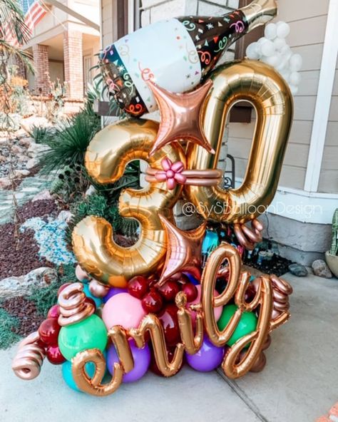 SySBalloonDesigns- Nancy on Instagram: “Thirty, flirty and Thriving 🌟💫🌟💫🌟💫 13 going on 30 is the requested theme for this fantastic balloon bouquet. . . Thank you Karen for your…” 30 Flirty And Thriving, 30th Birthday Party Themes, 30th Birthday Themes, 30th Bday Party, Thirty Flirty And Thriving, Balloon Surprise, 30 Balloons, 13 Going On 30, 30th Party