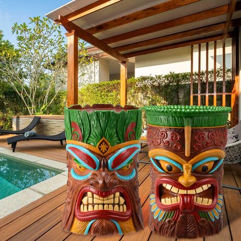 PRICES MAY VARY. Package Includes: you will receive 2 Tiki statue tables; These statue tables are beautifully crafted with colorful finishes; 2 statues with different styles (one fierce, one friendly) ; Beautiful Tiki statues take you on a unique Hawaiian journey; With both aesthetic and functional designs, you and your family will love these Tiki side tables Ideal Size: 2 Tiki statues are designed to be the same size, approximately 20 inches in height and 15 inches in diameter; Wherever they ar Large Outdoor Sculpture, Aloha Party Ideas, Hawaiian Backyard, Tiki Table, Tiki Bars Backyard, Tiki Pool, Margaritaville Decor, Caribbean Decor, Tiki Hawaii