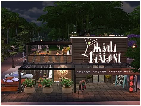 Industrial Restaurant Exterior, Cute Restaurant Exterior, Sims 4 Restaurant Ideas, Ts4 Restaurant, Restaurant Tycoon 2 Designs, Sims 4 Nightclub, Sims Restaurant, Restaurant Building, Sims Lots