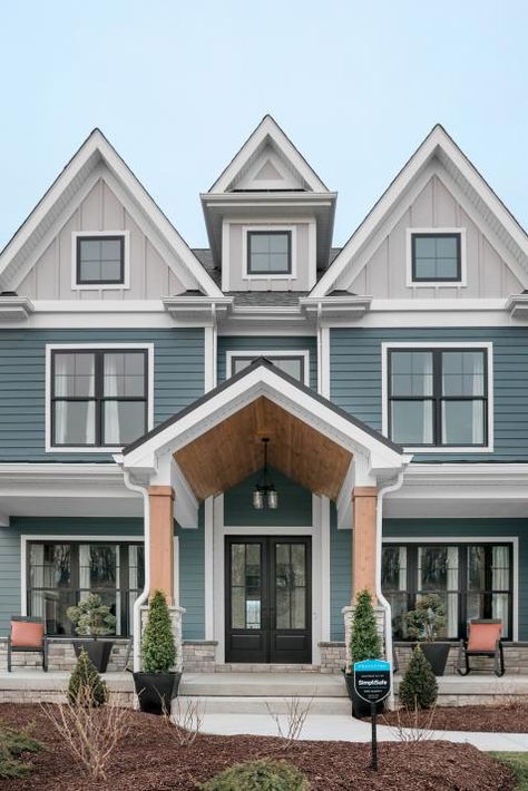 Teal Siding Exterior, Unique Exterior House Colors, Spa Exterior, Preppy House, Window Color, Craftsman Style Home, Black Windows, Tech Innovation, Cute House