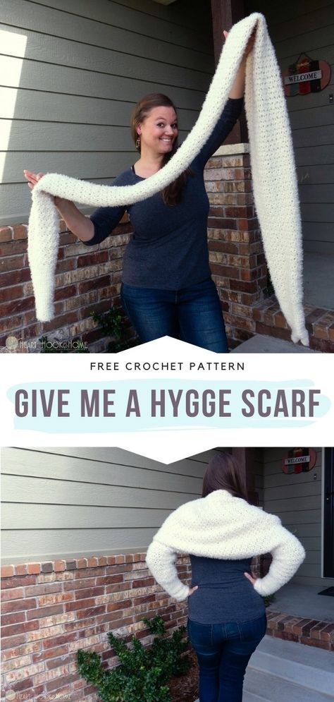 Give Me A Hygge Scarf, Wrap Me Up Sweater Scarf, Crochet Hip Scarf Pattern Free, Snowfall Sweater Scarf Crochet Pattern, Snowfall Sweater Scarf, Hygge Scarf Crochet Pattern, Crochet Scarf Wrap Pattern Free, Sleeved Scarf Crochet Pattern Free, Hygge Yarn Crochet Patterns Free