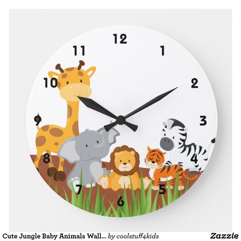 Cute Jungle Baby Animals Wall Clocks. An adorable kids wall clock with cute jungle baby animals for a girl or boy nursery. Animal Kids Room, Baby Jungle Animals, Kids Wall Clock, Nursery Clock, Elephant Baby Shower Boy, Baby Wall, Shop Artwork, Watercolor Elephant, Jungle Baby