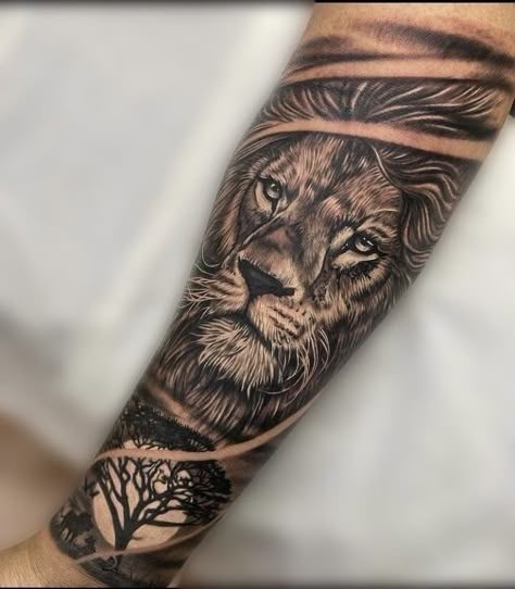 Best Lion Tattoos Men Arm, Forearm Tattoo Men Lion, Wolf Forearm Tattoo For Men, Outer Calf Tattoo, Lion Men Tattoo, Lion Arm Tattoo Men Sleeve, Lion Sleeve Tattoo Men Ideas, Lion Calf Tattoo, Lion Forearm Tattoo For Men