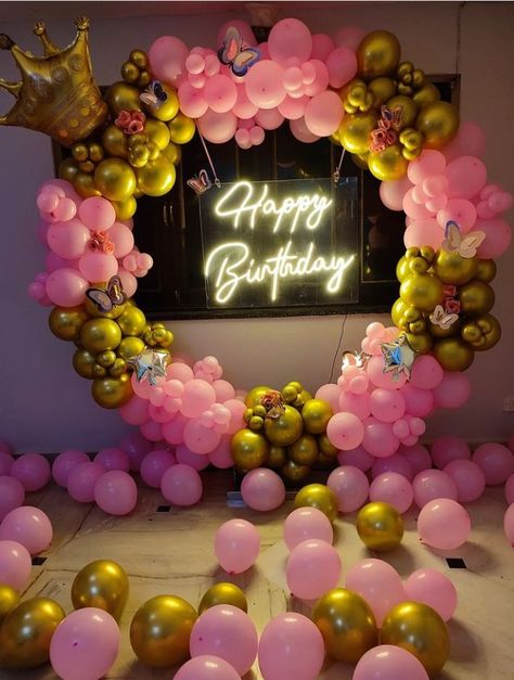 Baby girl 1st Birthday Decoration ideas at home Birthday Decoration Ideas At Home, First Birthday Decorations Girl, 1st Birthday Decoration, Birthday Decoration Ideas, Birthday Background Design, Simple Stage Decorations, Birthday Decorations At Home, Birthday Room Decorations