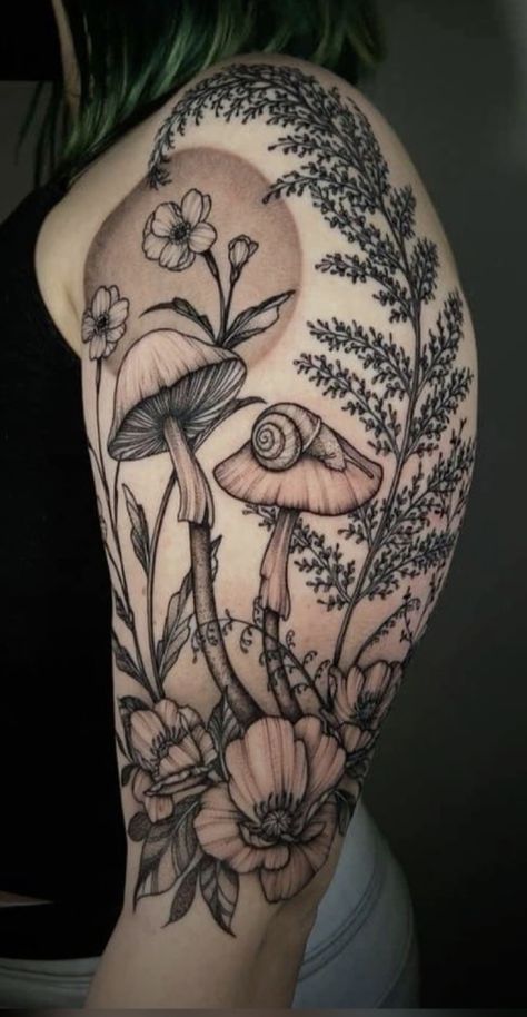 Cottage Core Chest Tattoo, Botanical Skull Tattoo, Girly Half Sleeve Tattoos, Naturalistic Tattoos, Dark Botanical Tattoo, Plant Tattoos For Women, Mushroom And Flowers Tattoo, Cottage Tattoo, Forest Tattoo Sleeve