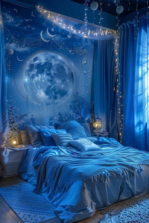 Purple And Blue Bedroom Ideas, Dark Fantasy Bedroom, Avatar Room, Celestial Room, Witchy Bedroom, Galaxy Room, Diffused Lighting, Whimsical Bedroom, Bedroom Theme