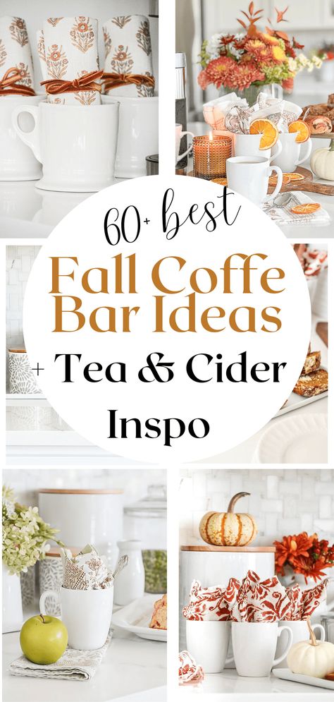 60+ Ideas For Creating A Fall Coffee, Tea, Or Cider Bar In Your Kitchen - StoneGable Wedding Coffee Station Ideas, Brunch Coffee Bar Ideas, Fall Beverage Bar, Coffee Bar Toppings, Coffee Bar For Event, Fall Beverage Station, Fall Snack Bar Ideas, Hot Cider Bar Ideas, Hot Tea Bar Ideas