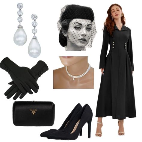 Rich Widow Outfit, Morden Royalty Outfit, Opera Clothes Outfits, Black Royal Outfit, Royal Outfits Aesthetic, Aristocratic Dress, Modern Royal Outfits, Modern Royalty Outfit, 60s Inspired Outfits