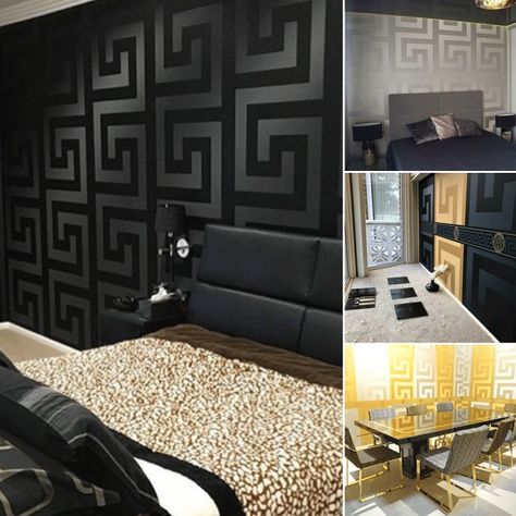 Greek Key Wallpaper Black Wallpaper Bedroom, Versace Wallpaper, Versace Home, Furniture Layout, Decoration Inspiration, Wallpaper Bedroom, Modern Wallpaper, Greek Key, Everly Quinn