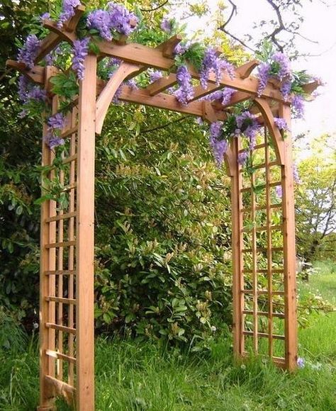 wooden arches and yard landscaping ideas Wisteria Arbor, Garden Archway, Wooden Arbor, Arbors Trellis, Arch Trellis, Cheap Pergola, Flowers Growing, Diy Trellis, Garden Vines