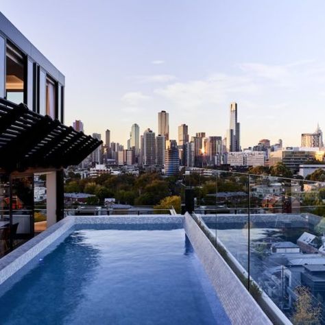 Every possible luxury provided in these opulent Melbourne apartments - The Interiors Addict Pool Penthouse, Penthouse Garden, Melbourne Apartment, New York Architecture, South Melbourne, Apartment Architecture, Architecture Magazines, Skyline View, Victorian Terrace