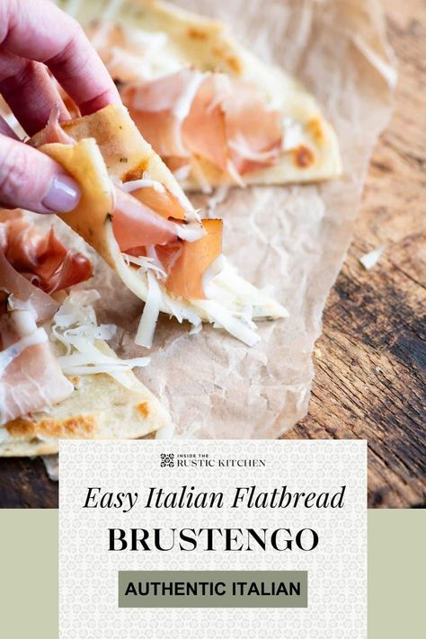 Brustengo di Gubbio is a delicious Italian flatbread from Umbria. It's made with the simplest ingredients and has the most delicious flavour and texture. It's soft on the inside with a crispy exterior and perfect served with cured meat and cheese. This flatbread is perfect for sharing and adding to your antipasti board! Italian Foods, Antipasti Recipes, Antipasti Board, Italian Flatbread, Italian Snacks, Kitchen Italian, Bread Ideas, Flat Breads, Italian Recipes Traditional