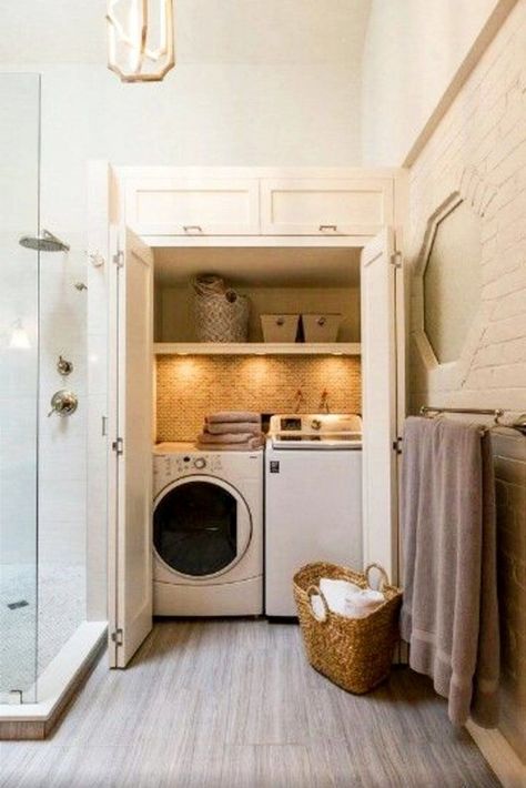 Small Bathroom And Laundry Room Combo, Bathroom Laundry Room Combo, Diy Lavanderia, Hidden Laundry Rooms, Laundry Bathroom Combo, Laundry Nook, Hidden Laundry, Stylish Laundry Room, Basement Laundry Room