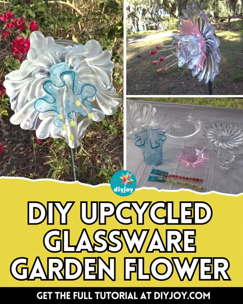 Easy DIY Upcycled Glassware Garden Flower Tutorial Upcycle Garden Ideas Yard Art, Glass Garden Art Diy, Upcycling Glassware, Upcycled Glassware, Suncatchers Diy, Glass Crafts Diy, Outreach Ideas, Glassware Garden Art, Crystal Suncatchers Diy