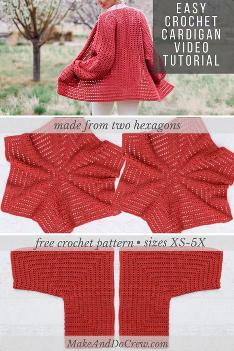 Double Crochet Sweater Pattern Free, Drops Design Crochet Cardigan, Solid Granny Hexagon Cardigan, Modern Crochet Sweaters & Cardigans, Hexie Crochet Cardigan, Pentagon Cardigan Crochet, Hexi Cardi Crochet Pattern, Hexagonal Sweater Crochet, Striped Yarn Crochet Patterns