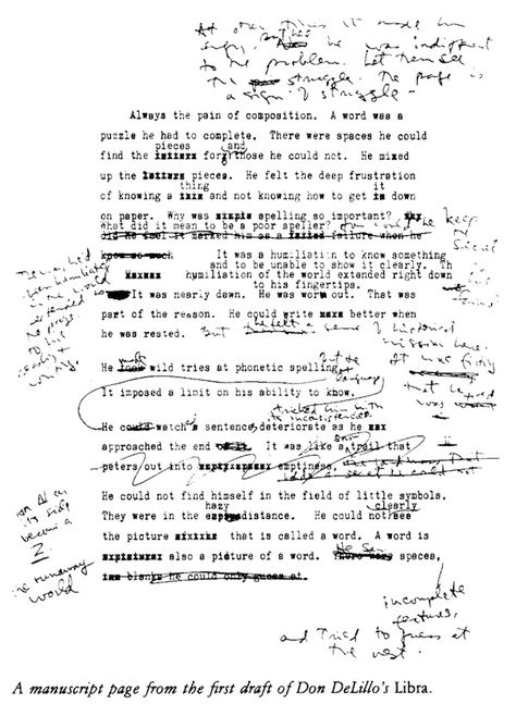 Manuscript page from first draft of Don DeLillo's Libra Jemma Simmons, Don Delillo, Art Haus, Typewriter Art, Paris Review, Breaking The Fourth Wall, Writing Books, Memory Journal, First Draft