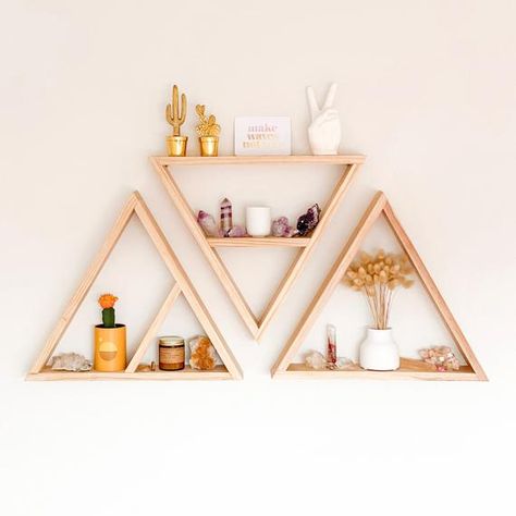 Home Decor - Handmade - Gift - Home decor - Triangle shelf - triangle shelves - set of 3 triangle shelves - large triangle shelves - pallet wood shelf - nursery decor - geometric shelf - reclaimed wood shelf - wall art - timber shelves  This is a handcrafted 3 piece large wooden triangle shelf (42cm Triangle Shelves, Crystal Display Shelf, Geometric Shelf, Oil Shelf, Pallet Wood Shelves, Essential Oil Shelf, Wood Hexagon, Timber Shelves, Geometric Shelves