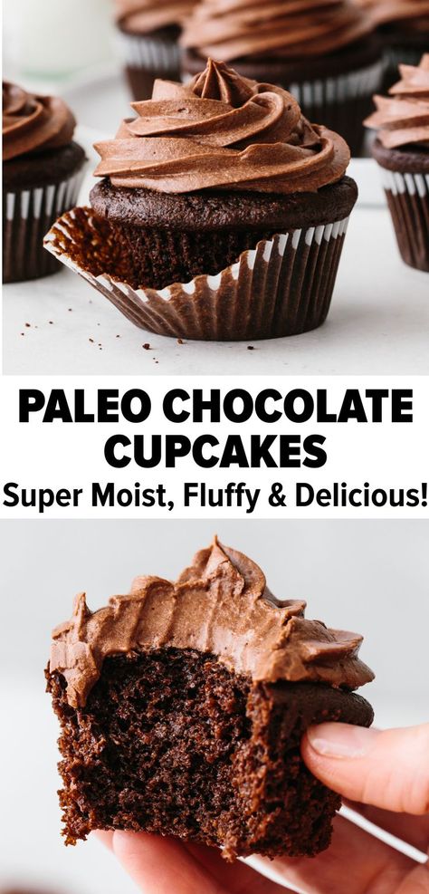 The BEST paleo chocolate cupcakes are extremely moist, decadent and rich, with a perfectly fluffy texture. You'll never know they're gluten-free and dairy-free! #paleorecipes #paleodessert #cupcakes #chocolatecupcakes Paleo Chocolate Cupcakes, Sugar Free Cupcakes, Paleo Cupcakes, Dark Chocolate Frosting, Autoimmune Paleo, Paleo Recipes Easy, Low Carb Dessert, Paleo Chocolate, Paleo Treats