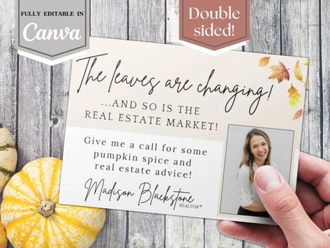 Fall Theme Real Estate Postcard Marketing for Realtors and - Etsy Realtor Magnet Ideas, Autumn Real Estate Marketing, Real Estate Follow Up Ideas, Fall Popby Ideas Real Estates, Fall Real Estate Postcards, Fall Real Estate Marketing, Labor Day Real Estate Marketing, Real Estate Recipe Postcard, Fall Real Estate Pop By Ideas