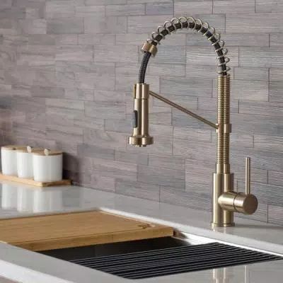 Bolden Single-Handle Pull-Down Sprayer Kitchen Faucet with Dual Function Sprayhead in Brushed Gold Commercial Style Kitchen, Gold Kitchen Faucet, Brushed Nickel Kitchen Faucet, Commercial Kitchen Faucet, Renovation Kitchen, Gold Faucet, Kitchen Faucet With Sprayer, Dauphin Island, Black Kitchen Faucets