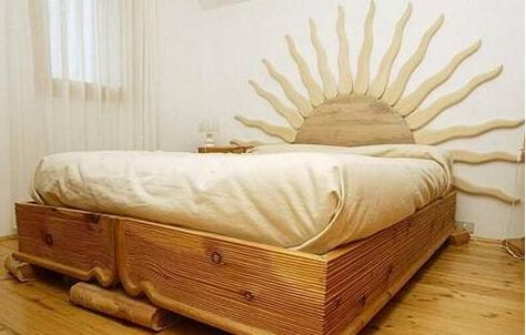 Sun Headboard, Wood Art Design, Wooden Bunk Beds, Wooden Books, Sleep Tight, Creative Furniture, Wooden Bed, Bed Styling, Small Space Living