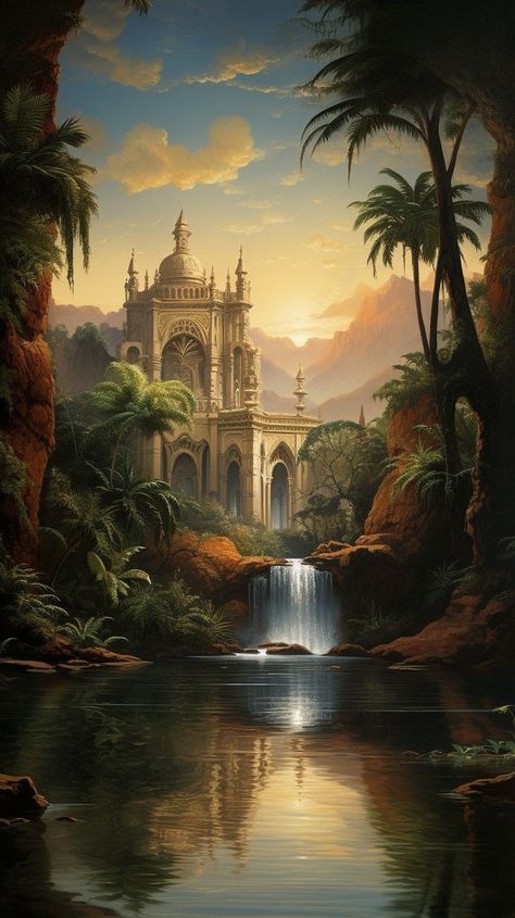 Pictures Landscape, Paradise Painting, Indoor Courtyard, Fantasy Architecture, Jungle Scene, Chasing Waterfalls, Painting Pictures, Forest Mountain, Fantasy City