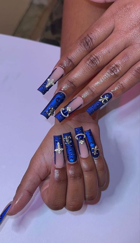 Royal Blue Nails Designs With Rhinestones, Blinged Out Nails Rhinestones Medium, Med Nails Ideas, Blue Nails Dramatic, Royal Blue Nail Inspo Short, Royal Blue Diamond Nails, Metallic Blue Acrylic Nails, Royal Blue Duck Nails, Navy Blue Birthday Nails