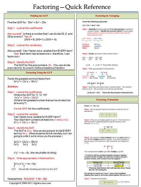 Factoring - Quick Reference Factoring Cheat Sheet, Factorising Notes, Factoring Polynomials Notes, Quadratic Equations Notes Grade 9, Algebra Factoring, Sequence Worksheet, Math College, Multiplying Polynomials, Factoring Polynomials