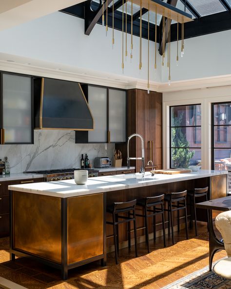 Boston Residence: Custom Walnut + Metal Kitchen Mirrored Bar, Mirrored Cabinet Doors, Bar Shelving, Custom Kitchen Island, System Furniture, Bar Unit, Bespoke Kitchen Design, Smoked Mirror, Custom Range Hood