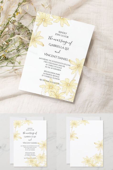 The pretty Light Yellow Daisies on White Wedding Invitation sets an elegant tone for your impending summer marriage ceremony and reception. These classy custom flowery wedding invites feature pale yellow daisies adorning the corners with a white background. #daisyweddinginspo Yellow Floral Wedding Invitations, Pale Yellow Weddings, Light Yellow Weddings, Silver Wedding Decorations, Yellow Wedding Invitations, Yellow Wedding Theme, White Bridal Shower, Summer Wedding Invitations, Wedding Themes Winter