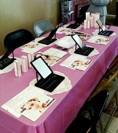 My Mary Kay Facial Skin Care party table setup!                                                                                                                                                                                 More Mary Kay Facial Party, Skin Care Party, Mary Kay Display, Mary Kay Open House, Mark Kay, Mary Kay Facial, Mary Kay Office, Mary Kay Inspiration, Mary Kay Holiday