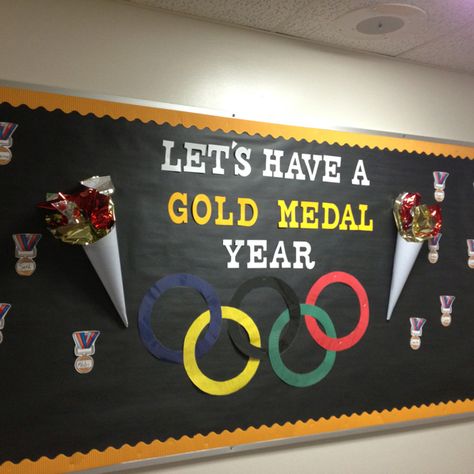 Olympic themed room this year! Olympic Bulletin Board, Sports Bulletin Boards, Physical Education Bulletin Boards, Pe Bulletin Boards, Olympics Decorations, Olympic Idea, Sports Theme Classroom, Olympic Theme, Ra Bulletin Boards