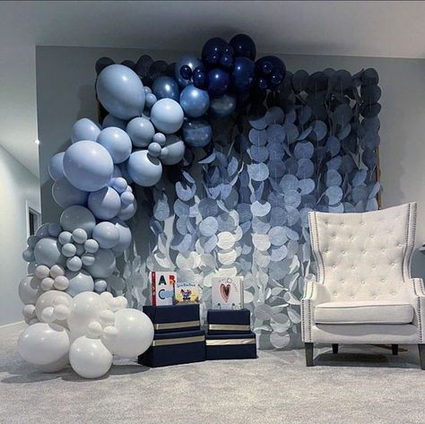 Blue Balloons Garland, Western Theme Anniversary Party, Denim Balloon Garland, Blue Birthday Set Up, Blue Garland Balloons, Blue Jean Baby Shower Theme, Denim Birthday Party Theme, Denim Party Theme, Denim Baby Shower Ideas