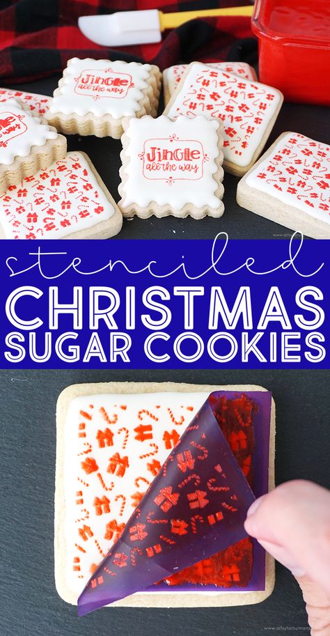 Cookie Stencils Tutorials, How To Stencil Cookies, How To Stencil On Cookies, Christmas Cookie Stencils Royal Icing, Painting Sugar Cookies, Cookie Stencils Royal Icing, Christmas Sugar Cookies With Royal Icing, Airbrush Cookies Ideas, Christmas Cookie Stencils