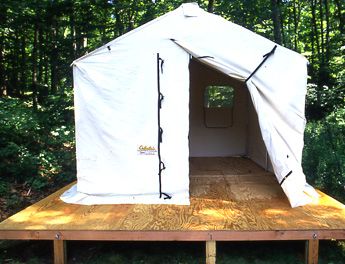 Or raise it higher for storage underneath? California Cabin, Canvas Wall Tent, Tent Life, Tent Platform, Hunting Funny, Portable Sheds, Backyard Tent, Camp Ground, Tent Ideas