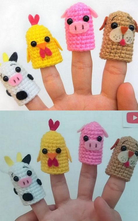 One for All Basic Crochet Finger Puppets Ideas Finger Puppet Patterns, Puppet Patterns, Crocheted Toys, Finger Puppets, Hand Puppets, Farm Yard, Crochet Basics, Crochet For Kids, Crochet Dolls