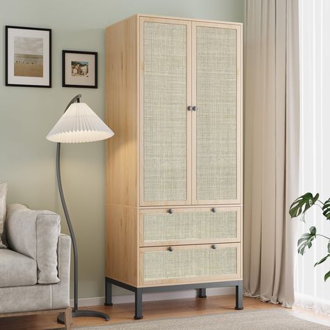 PRICES MAY VARY. Crafted from hand-woven natural rattan, our rattan armoire storage cabinet boasts timeless elegance to complement any interior decor. Our armoire wardrobe closet is designed with ample space and two adjustable deep shelves and two drawers, each capable of holding up to 50 lbs, providing maximum storage capacity for your items. Versatile and practical, this multi-functional closet armoire wardrobe cabinet can store a variety of household items including clothes, books, towels, an Rattan Armoire, Utility Pantry, Closet With Doors, Tall Armoire, Armoire Closet, Wooden Armoire, Armoire Storage, Vintage Armoire, Armoire Wardrobe