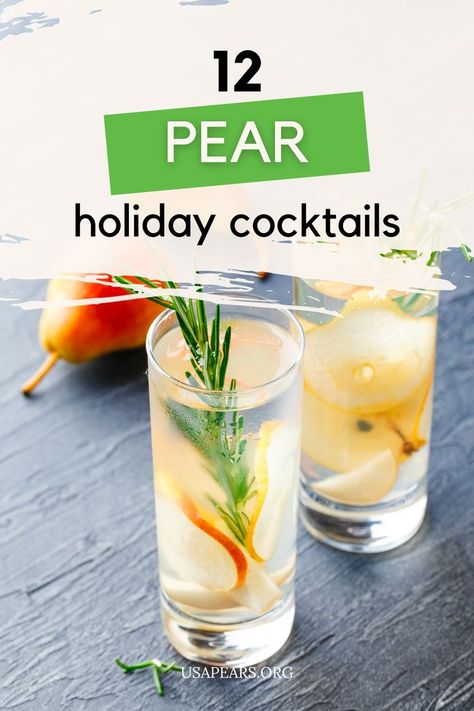 Check out these 12 pear holiday cocktails, perfect for those upcoming holiday party drinks. Whether muddled, juiced, mixed, pureed, shaken or stirred, pears present countless possibilities as a cocktail ingredient. Because it’s the holiday season as well as pear season, we figure there’s no better time to highlight some of our favorite pear cocktail recipes. You'll find unique cocktail recipes including pear moscow mules, pear manhattans, and a pear margarita. Try these fun cocktails today! Pear Cocktail Recipes, Recipe Using Pears, Pear Gin, Pear Cocktail, Pear Margarita, Holiday Party Drinks, Unique Cocktail Recipes, Pear Cocktails, Pear Puree