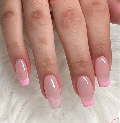 Please leave a like!!🤍🤍💗💗 Nail Pink Acrylic, Pink Nail With French Tip, Cute Pink French Tips, Pink French With Heart, French Nails With Pink Base, Nail Inspo Pink French Tip, Pink French Gel Nails, Cute Simple Pink Nails, Rosa French Nails